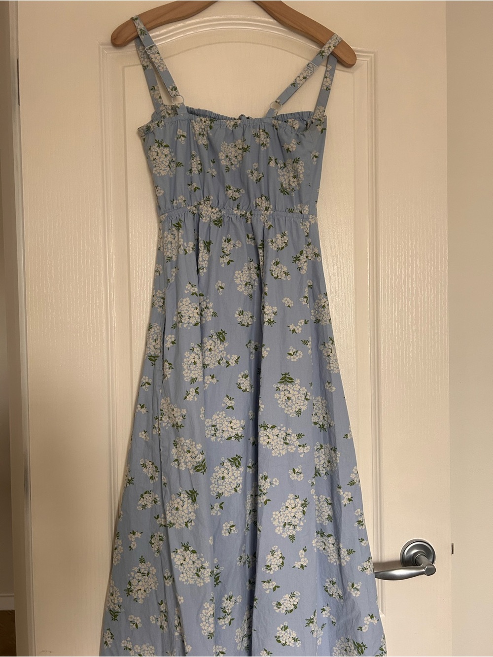 Light Blue Floral Midi Dress with Spaghetti Straps - Picture 2 of 3